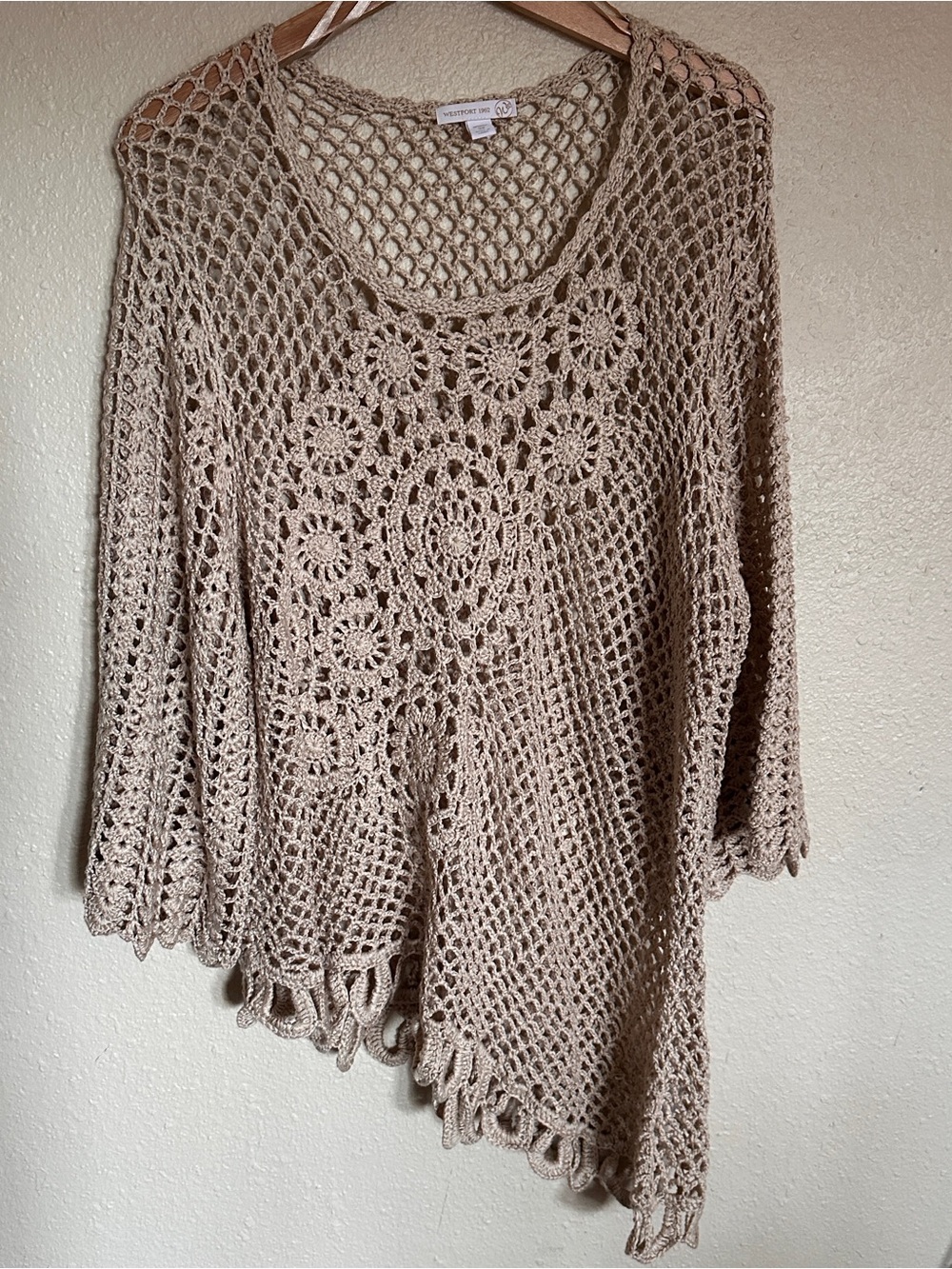 Westport 1962 tan crochet top 3X boho eyelet asymetrical tunic open weave